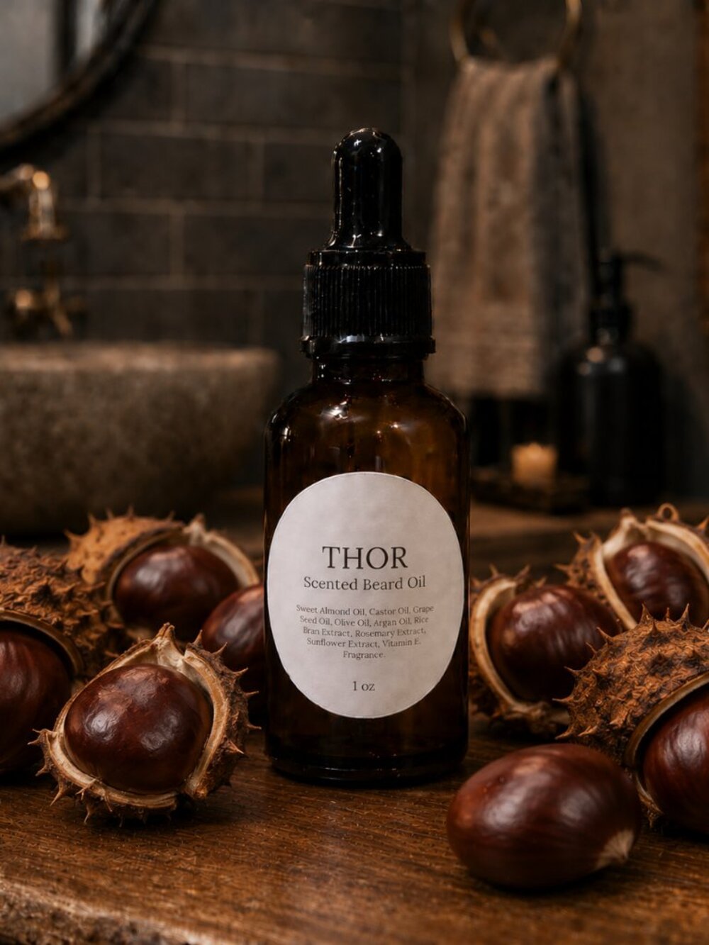 THOR Chestnut & Cedar Men's Scented Beard Oil.